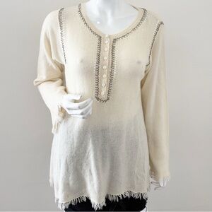 Mag by Magaschoni Cream Cashmere Knit Top w Silver Beading & Tonal Sequins